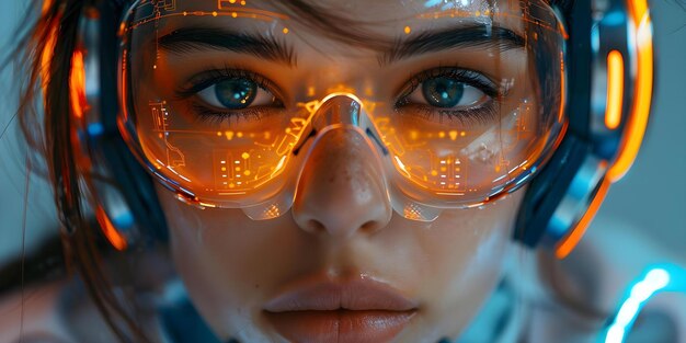 Foto retrato de um andróide humanoide feminino com tons azuis e laranjas destacando tecnologia avançada de ia tecnologia de conceito android retrato de ai humanoide feminina