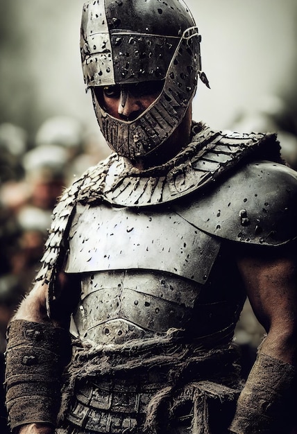 Retrato de um antigo guerreiro masculino na antiga armadura de guerreiro O conceito de um antigo bravo guerreiro