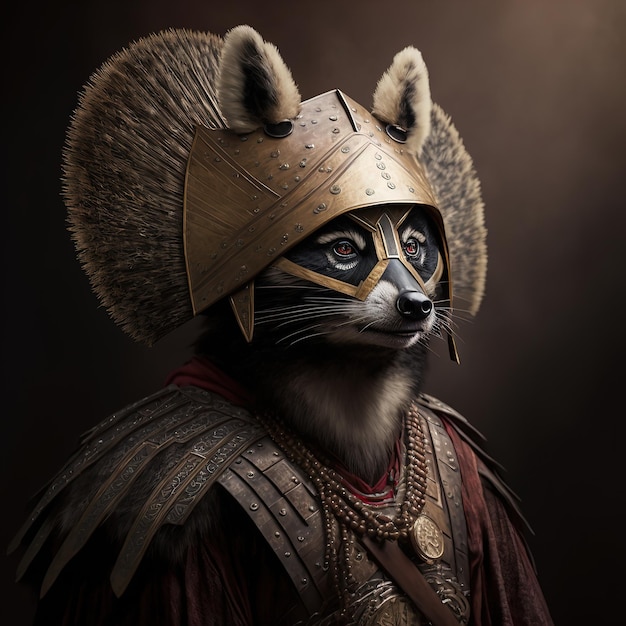 Retrato de um antigo guerreiro samurai Raccoon em armadura de antigo guerreiro