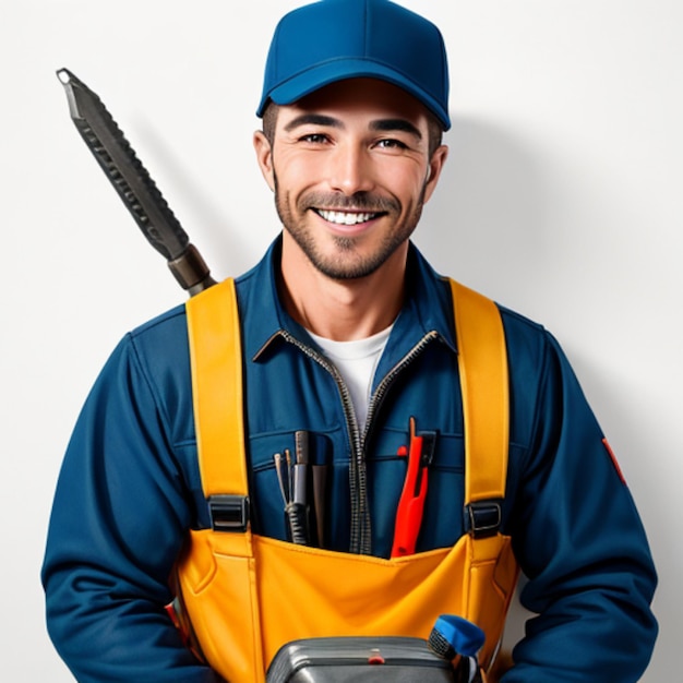 Retrato de um artesão sorridente com ferramentas isoladas na parede branca