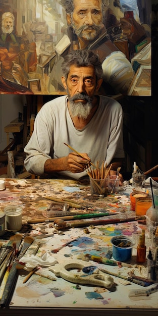 Retrato de um artista cercado por traços de pintura e trabalhando na tela