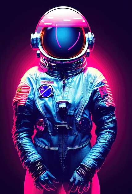Retrato de um astronauta em luz neon em um traje espacial. Astronauta de alta tecnologia do futuro