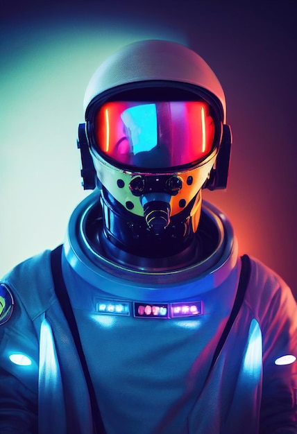 Retrato de um astronauta fictício em luz de neon em um traje espacial. Astronauta de alta tecnologia do futuro.
