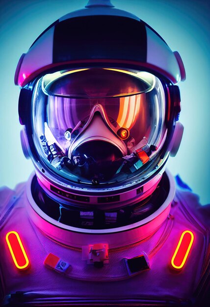 Retrato de um astronauta fictício em luz de neon em um traje espacial. Astronauta de alta tecnologia do futuro.