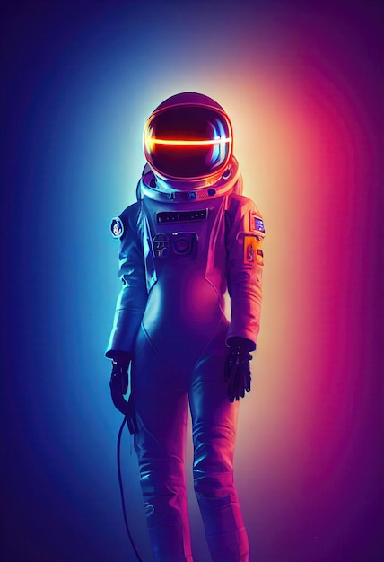 Retrato de um astronauta fictício em luz de neon em um traje espacial. Astronauta de alta tecnologia do futuro