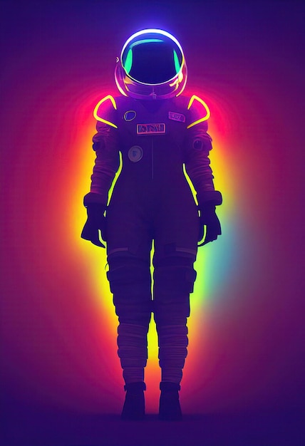Retrato de um astronauta fictício em luz de neon em um traje espacial. Astronauta de alta tecnologia do futuro