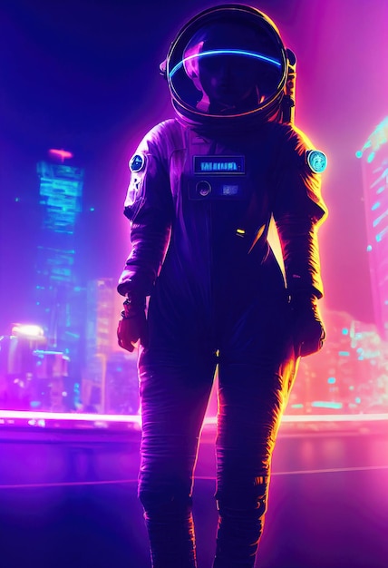 Retrato de um astronauta fictício em luz neon em um astronauta de alta tecnologia de traje espacial do futuro