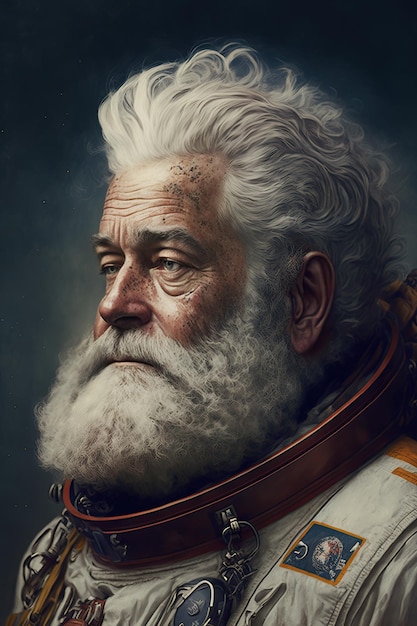 Retrato de um astronauta masculino idoso barbudo em um traje espacial