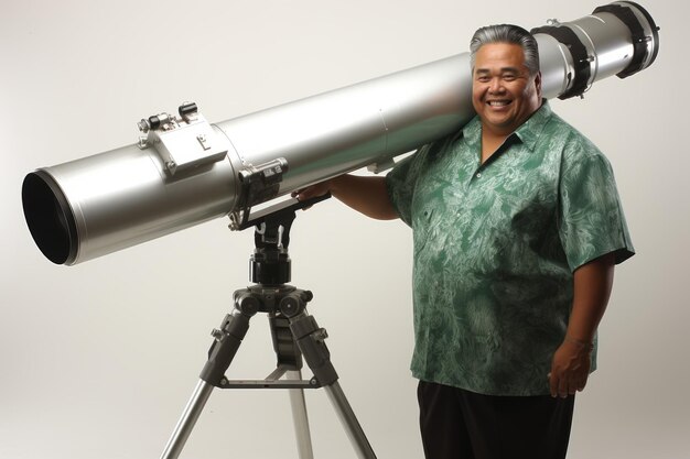 Retrato de um astrônomo segurando um telescópio