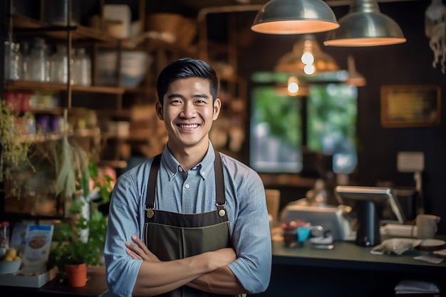 retrato de um barista masculino asiático em uma cafeteria