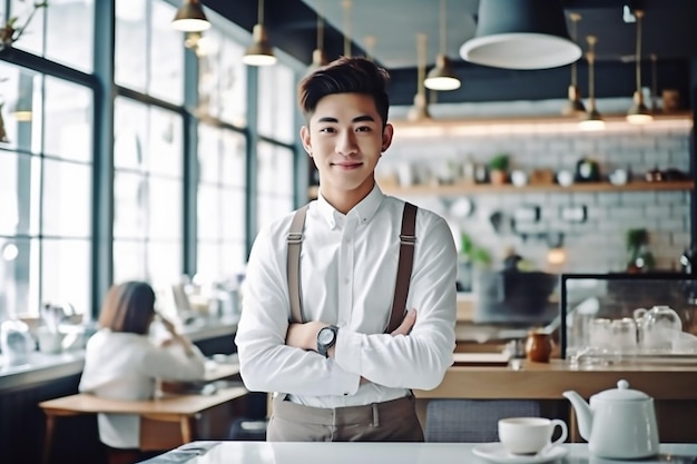 retrato de um barista masculino asiático em uma cafeteria