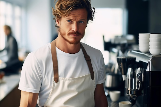 Retrato de um barista masculino usando avental trabalhando no balcão em um café interior