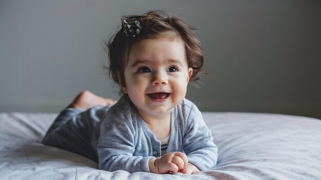 Retrato de um bebê alegre na cama