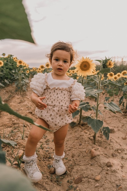 Retrato de um bebê caminhando por um campo de girassóis ao pôr do sol