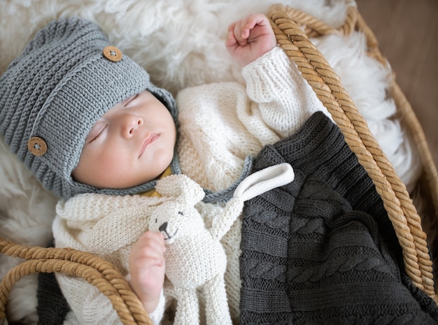 Retrato de um bebê dormindo em um berço de vime com um chapéu de malha quente sob um cobertor quente com um brinquedo na alça.