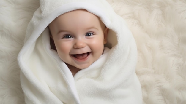 Retrato de um bebê feliz enrolado em uma toalha ou cobertor sorrindo após a hora do banho