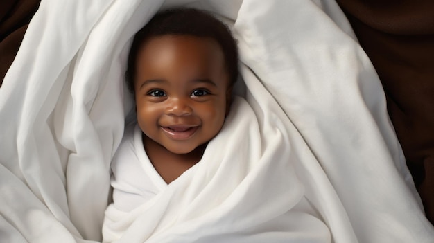 Retrato de um bebê feliz enrolado em uma toalha ou cobertor sorrindo após a hora do banho