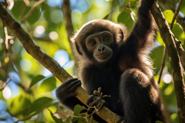 Foto retrato de um bebê macaco uivador em uma árvore na costa rica um gibão pendurado em uma árvora na selva da costa rica gerado por ia