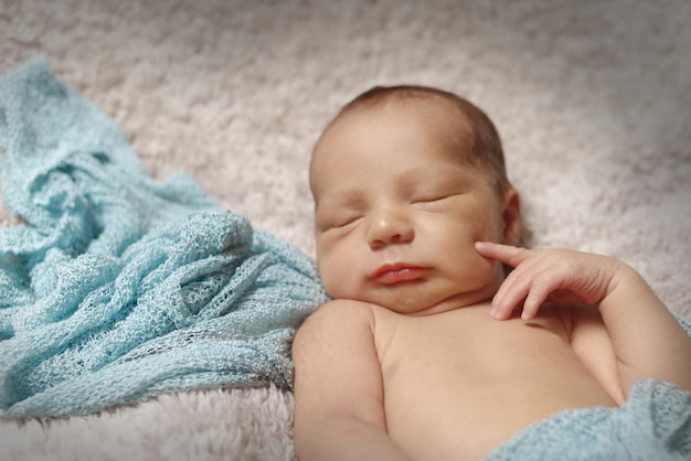 Retrato de um bebê recém-nascido envolto em um cobertor de pelúcia