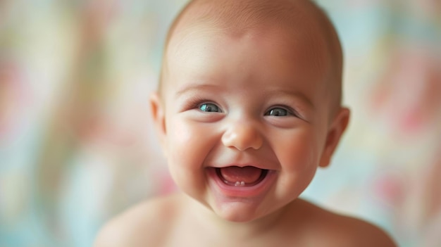 Foto retrato de um bebê sorridente com dois dentes