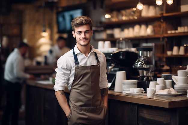 Retrato de um belo barista masculino de pé atrás do balcão em uma cafeteria Um homem proprietário de café