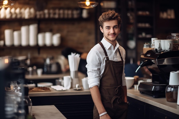 Retrato de um belo barista masculino de pé atrás do balcão em uma cafeteria Um homem proprietário de café