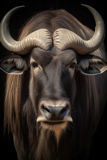 Retrato de um belo búfalo africano em close-up Macro fotografia em fundo escuro Generative AI