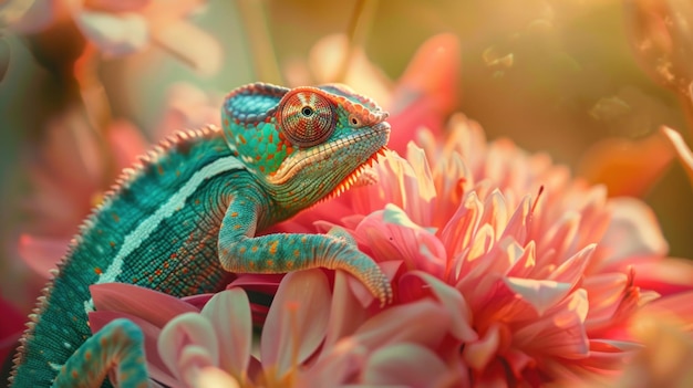 Retrato de um belo camaleão nas flores em flor, imagem gerada por IA