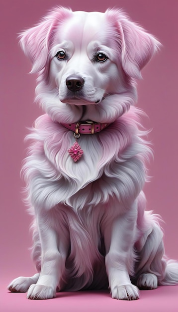 Foto retrato de um belo cão branco com colarinho rosa em um fundo rosa