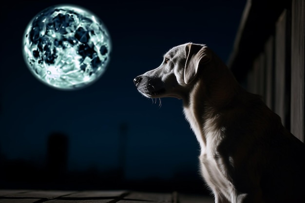 Retrato de um belo cão branco no fundo da lua