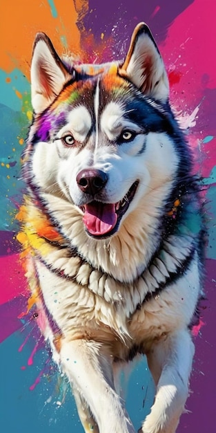 Retrato de um belo cão Siberian Husky com um fundo colorido