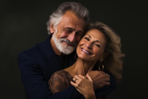 Retrato de um belo casal, um homem e uma mulher de idade respeitável, um casal idoso abraçado.