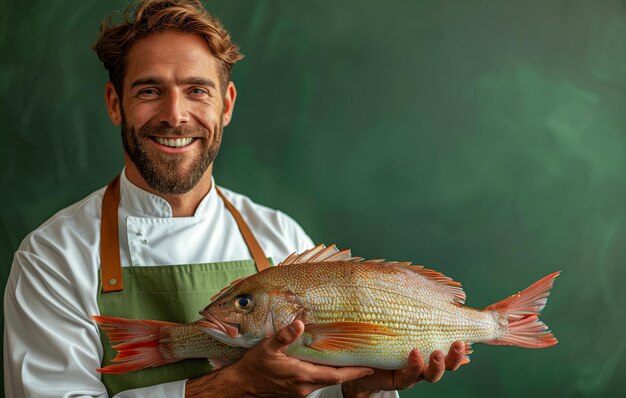 Foto retrato de um belo cozinheiro segurando peixe fresco na cozinha