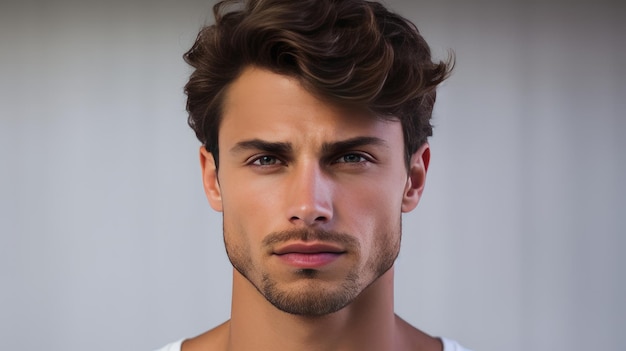 Retrato de um belo, elegante e sexy homem caucasiano com pele perfeita em um fundo cinzento em close-up