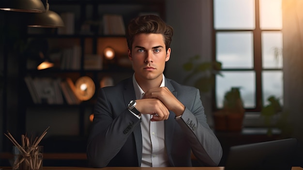 Retrato de um belo empresário de sucesso, CEO com cara séria Empregado sentado no escritório moderno ou no armário doméstico Foto de alta qualidade