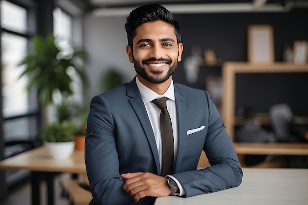 Retrato de um belo empresário indiano sentado à mesa no escritório e sorrindo