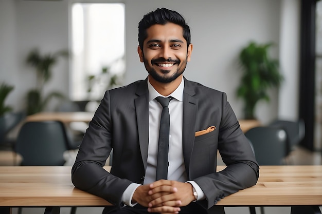 Retrato de um belo empresário indiano sentado à mesa no escritório e sorrindo