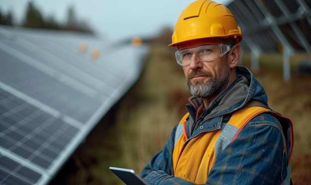 Retrato de um belo engenheiro com óculos de proteção e capacete segurando um tablet digital e olhando para a câmera planta solar fotovoltaica atrás dele Engenheiro segurando um tablete na frente de painéis solares