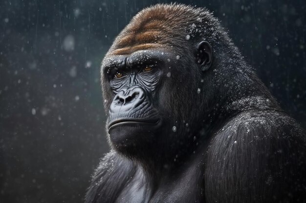 Retrato de um belo gorila africano em queda de neve ao ar livre Grande macaco tropical primata criado por Generative AI