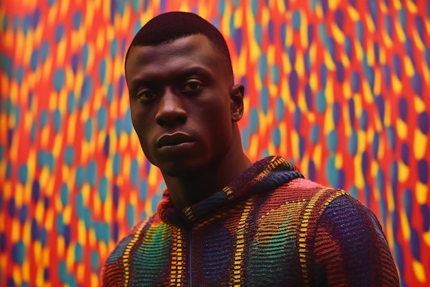 Foto retrato de um belo homem afro-americano em um suéter colorido