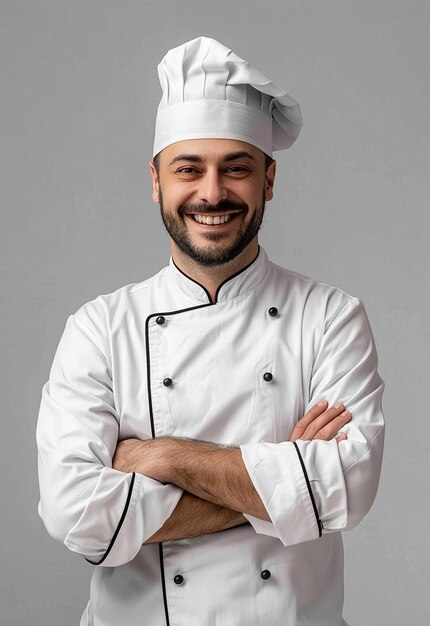 Retrato de um belo jovem chef com os braços cruzados e usando um chapéu de chef