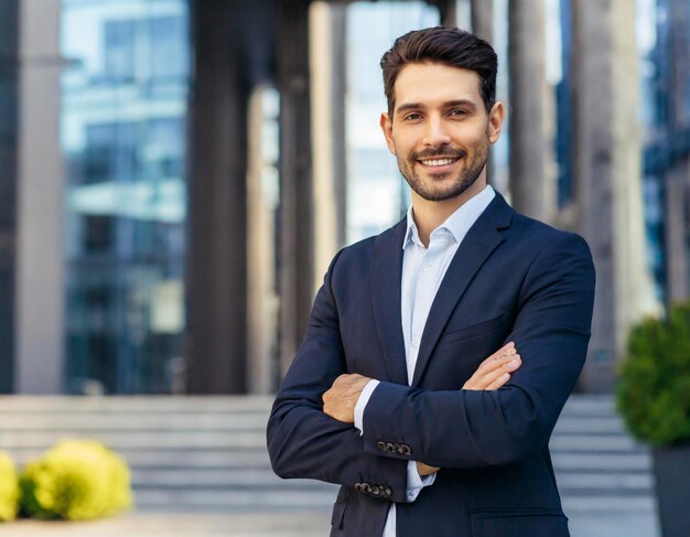 Retrato de um belo jovem empresário líder de pé em terno no centro do escritório da frente e braços cruzados