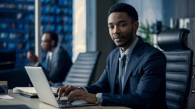 Retrato de um belo jovem empresário negro africano trabalhando em um laptop na mesa do escritório