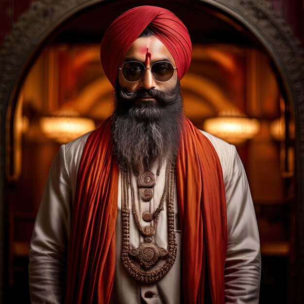 Foto retrato de um belo jovem indiano vestindo um turbante vermelho tradicional com um turbante dourado