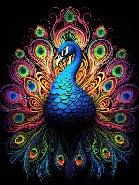 Foto retrato de um belo pavão com penas soltas na forma de padrões coloridos em estilo de arte decorativa