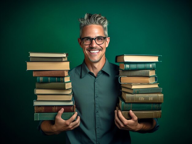 Foto retrato de um belo professor sorridente segurando o fundo isolado do livro