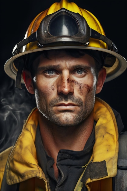 Retrato de um bombeiro com uniforme amarelo e capacete sobre fundo preto