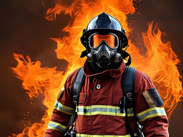 Retrato de um bombeiro em frente a um incêndio explosivo vestindo equipamentos de bombeiros e capacete