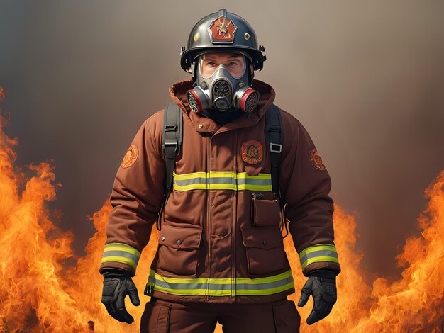 Retrato de um bombeiro em frente a um incêndio explosivo vestindo equipamentos de bombeiros e capacete