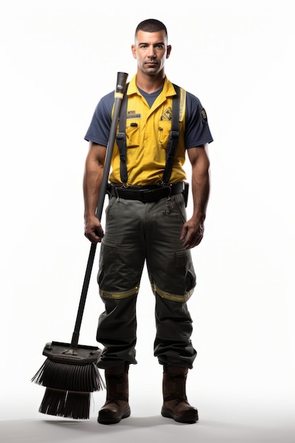 Retrato de um bombeiro em uniforme segurando uma vassoura